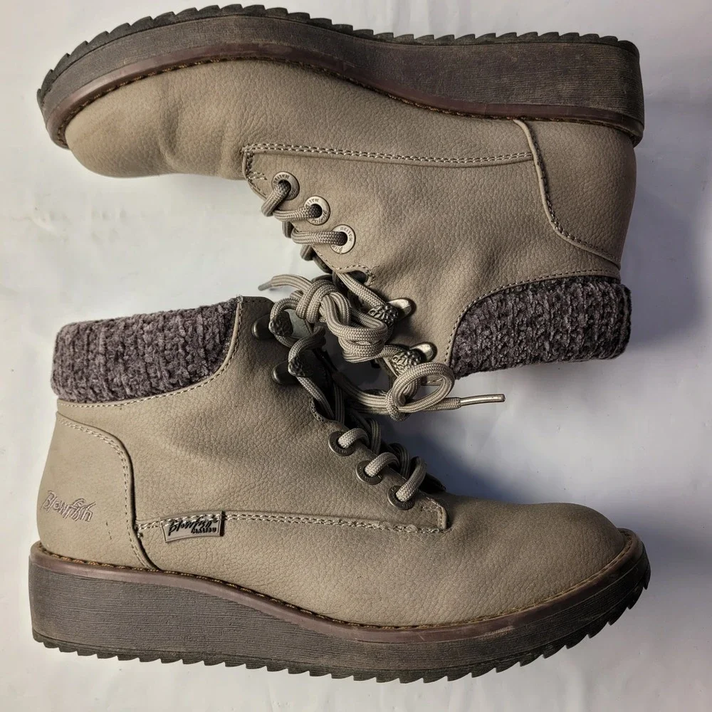 Blowfish Malibu Ankle Boots Womens 8 Taupe Knit Collar Wedge B138 Lace‎ Up